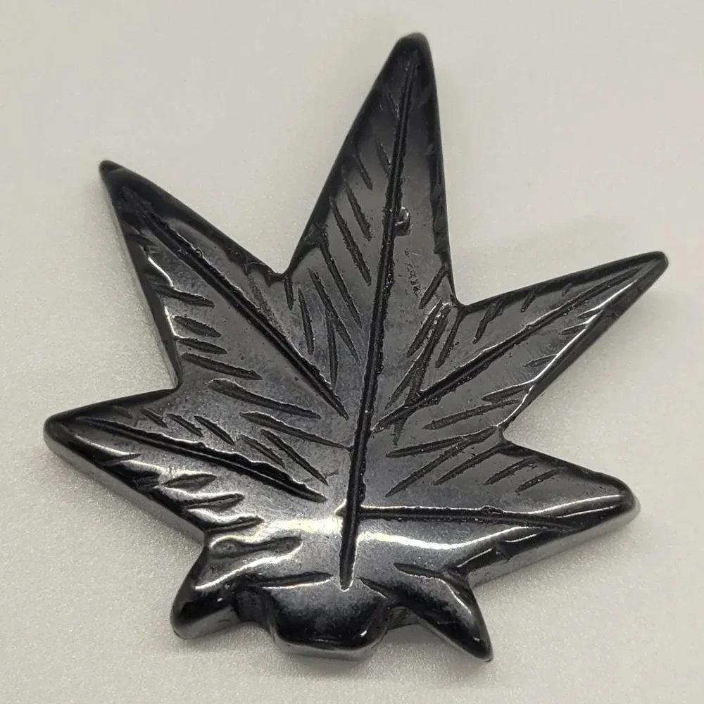 Black Obsidian Cannabis Leaf Carved Stone, Weed Leaf
